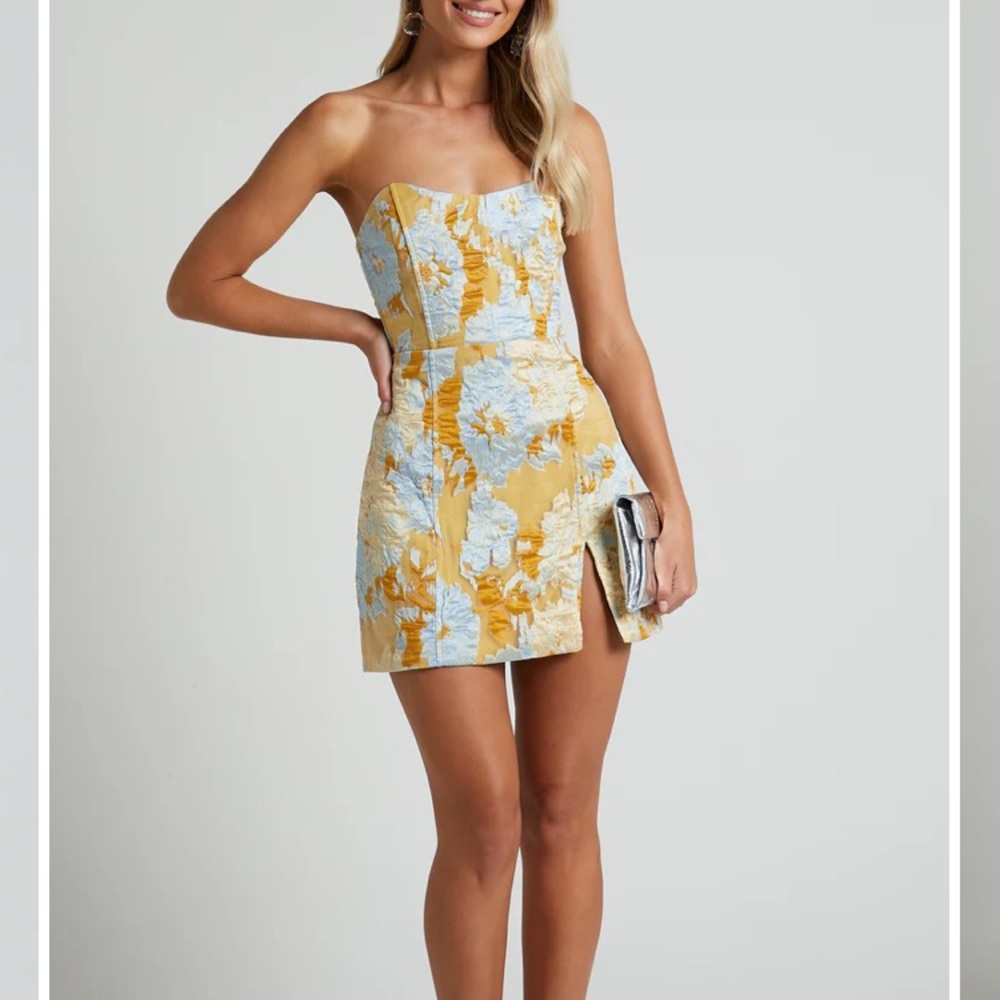 Showpo Strapless Blue and Gold Mini Dress BRAILEY MINI DRESS